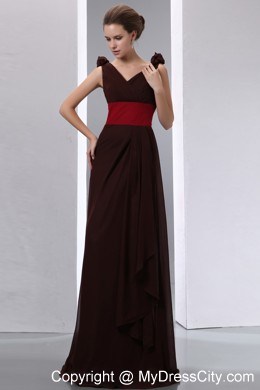 Brown Column V-neck Ruches Chiffon Evening Dress with V-Back