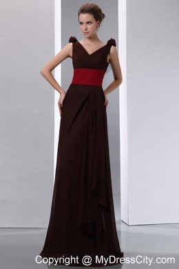 Brown Column V-neck Ruches Chiffon Evening Dress with V-Back