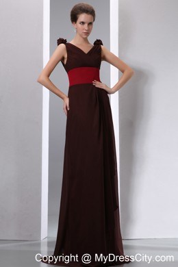 Brown Column V-neck Ruches Chiffon Evening Dress with V-Back