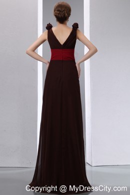 Brown Column V-neck Ruches Chiffon Evening Dress with V-Back