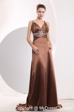 Sexy Beading Straps Brush Train Brown Prom Evening Dress with Pleat