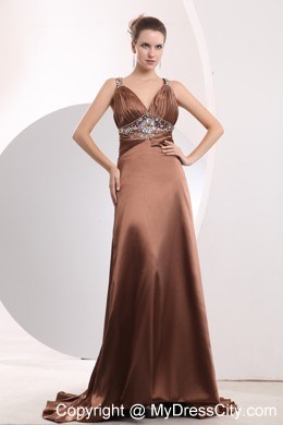 Sexy Beading Straps Brush Train Brown Prom Evening Dress with Pleat