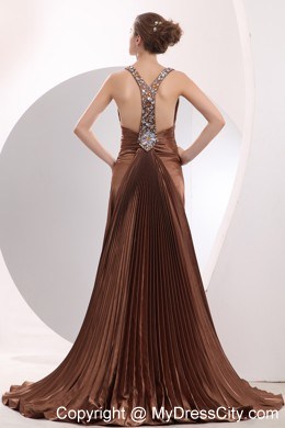 Sexy Beading Straps Brush Train Brown Prom Evening Dress with Pleat