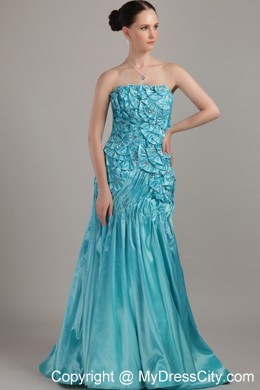 Strapless Beading Floral Embellishment Brush Train Teal Evening Dress