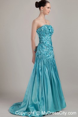 Strapless Beading Floral Embellishment Brush Train Teal Evening Dress