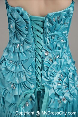 Strapless Beading Floral Embellishment Brush Train Teal Evening Dress