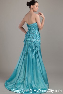 Strapless Beading Floral Embellishment Brush Train Teal Evening Dress