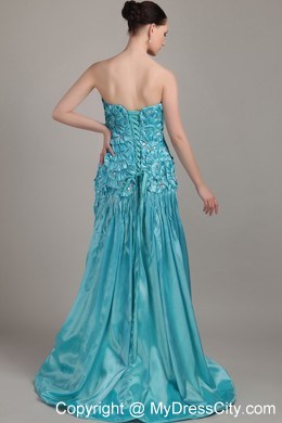 Strapless Beading Floral Embellishment Brush Train Teal Evening Dress