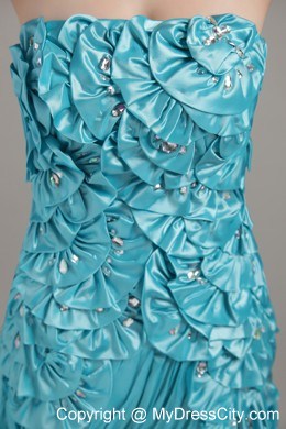 Strapless Beading Floral Embellishment Brush Train Teal Evening Dress