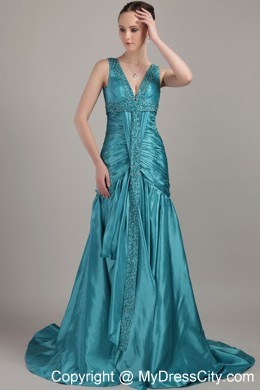 A-line Ruched Beading V-neck Court Train Teal Evening Dress