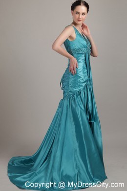 A-line Ruched Beading V-neck Court Train Teal Evening Dress