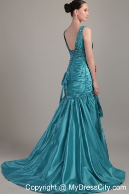 A-line Ruched Beading V-neck Court Train Teal Evening Dress