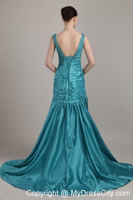 A-line Ruched Beading V-neck Court Train Teal Evening Dress