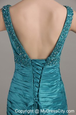 A-line Ruched Beading V-neck Court Train Teal Evening Dress