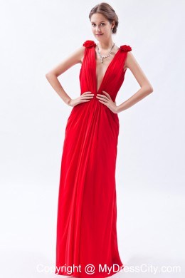 Flowers V-neck Chiffon Red Cheap 2013 Prom Evening Dresses