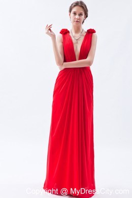 Flowers V-neck Chiffon Red Cheap 2013 Prom Evening Dresses