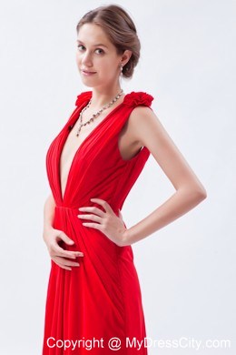 Flowers V-neck Chiffon Red Cheap 2013 Prom Evening Dresses