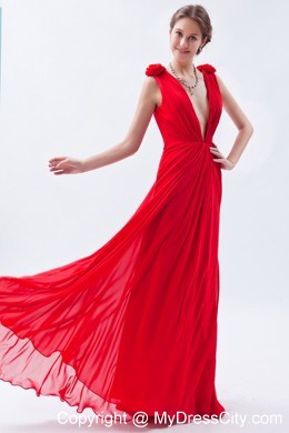 Flowers V-neck Chiffon Red Cheap 2013 Prom Evening Dresses