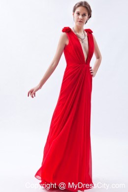 Flowers V-neck Chiffon Red Cheap 2013 Prom Evening Dresses