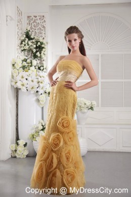 Gold Organza Flowers Lace Strapless 2013 Evening Formal Gowns