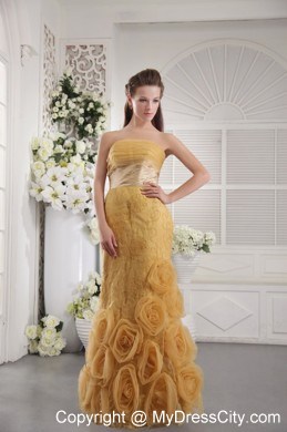 Gold Organza Flowers Lace Strapless 2013 Evening Formal Gowns