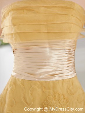 Gold Organza Flowers Lace Strapless 2013 Evening Formal Gowns