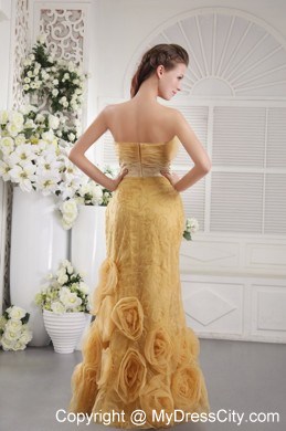 Gold Organza Flowers Lace Strapless 2013 Evening Formal Gowns