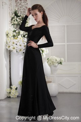 Black Ruching Sequins V-neck Long Sleeves Evening Dresses