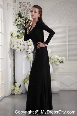 Black Ruching Sequins V-neck Long Sleeves Evening Dresses