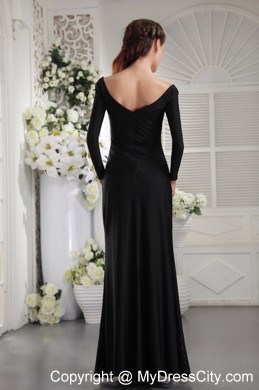 Black Ruching Sequins V-neck Long Sleeves Evening Dresses