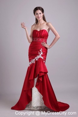 Appliques Ruched Brush Train Mermaid High-low Red Evening Dresses