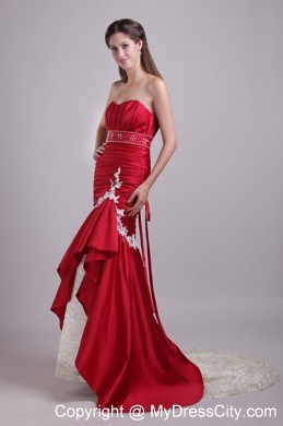 Appliques Ruched Brush Train Mermaid High-low Red Evening Dresses