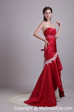 Appliques Ruched Brush Train Mermaid High-low Red Evening Dresses