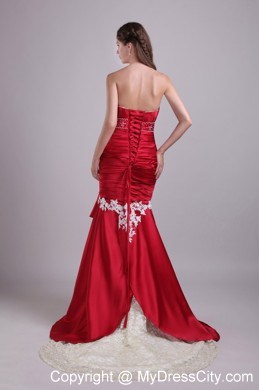 Appliques Ruched Brush Train Mermaid High-low Red Evening Dresses