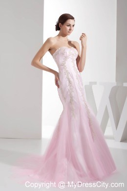 Baby Pink Appliques Mermaid Sweetheart Brush Train Evening Dresses