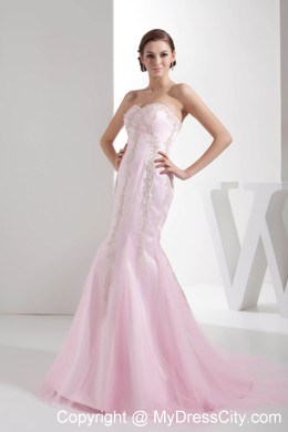 Baby Pink Appliques Mermaid Sweetheart Brush Train Evening Dresses