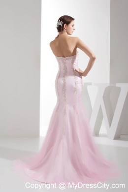 Baby Pink Appliques Mermaid Sweetheart Brush Train Evening Dresses