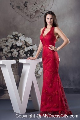 Appliques Beaded Column Halter Red Evening Dress for Celebrity