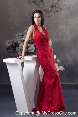 Appliques Beaded Column Halter Red Evening Dress for Celebrity