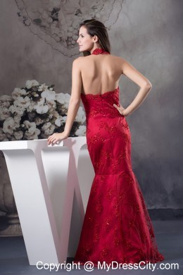 Appliques Beaded Column Halter Red Evening Dress for Celebrity