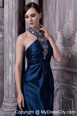 Navy Blue Train Backless Evening Dresses with Jeweled Neckline