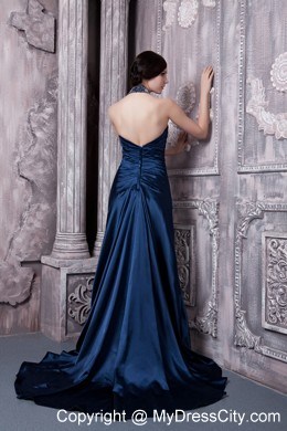 Navy Blue Train Backless Evening Dresses with Jeweled Neckline