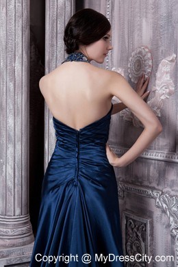 Navy Blue Train Backless Evening Dresses with Jeweled Neckline