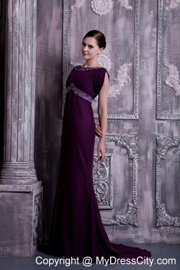 Beaded Dark Purple Bateau Evening Dress with Short Sleeves