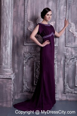 Beaded Dark Purple Bateau Evening Dress with Short Sleeves