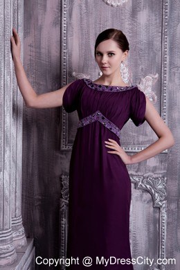 Beaded Dark Purple Bateau Evening Dress with Short Sleeves