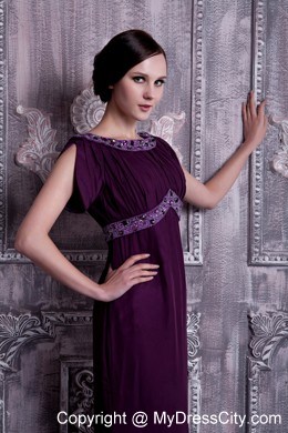 Beaded Dark Purple Bateau Evening Dress with Short Sleeves