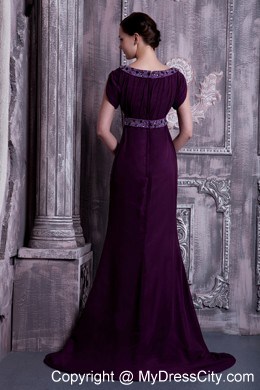 Beaded Dark Purple Bateau Evening Dress with Short Sleeves