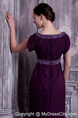 Beaded Dark Purple Bateau Evening Dress with Short Sleeves