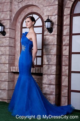 Blue Mermaid Beading Evening Dress with One Ruffle Shoulder